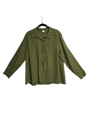 POETRY GREEN LINEN POPOVER BLOUSE LONG SLEEVE RELAXED TOP SZ 12